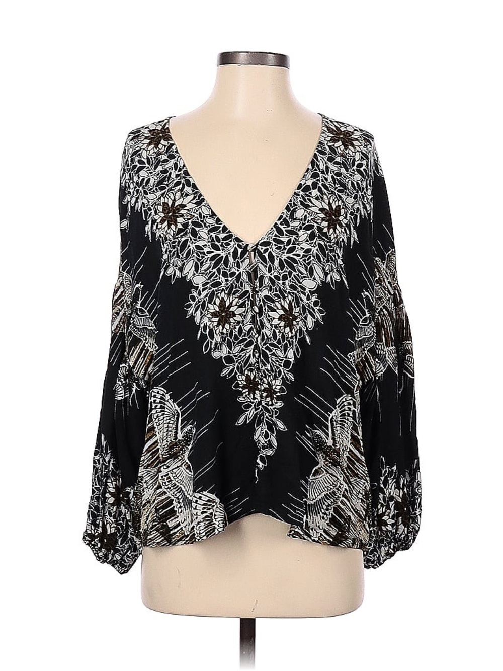 Free People Black Floral & Bird V-Neck Long Sleeve Blouse